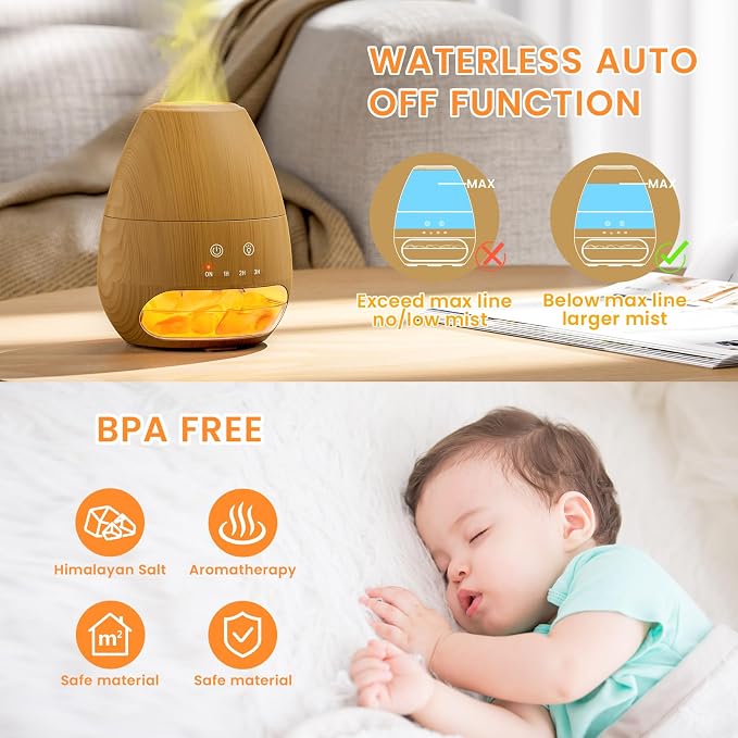 Ultrasonic Essential Oil Diffuser with Himalayan Salt Rock,Flame Diffuser with 7 LED Light,100ML Small Aromatherapy Oil