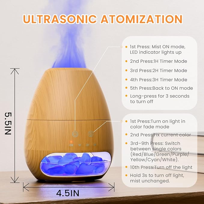 Ultrasonic Essential Oil Diffuser with Himalayan Salt Rock,Flame Diffuser with 7 LED Light,100ML Small Aromatherapy Oil