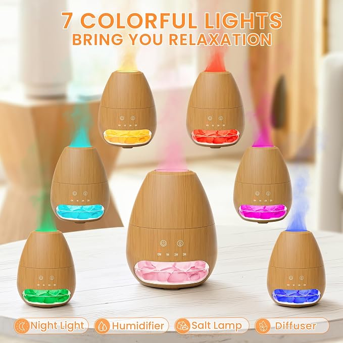 Ultrasonic Essential Oil Diffuser with Himalayan Salt Rock,Flame Diffuser with 7 LED Light,100ML Small Aromatherapy Oil