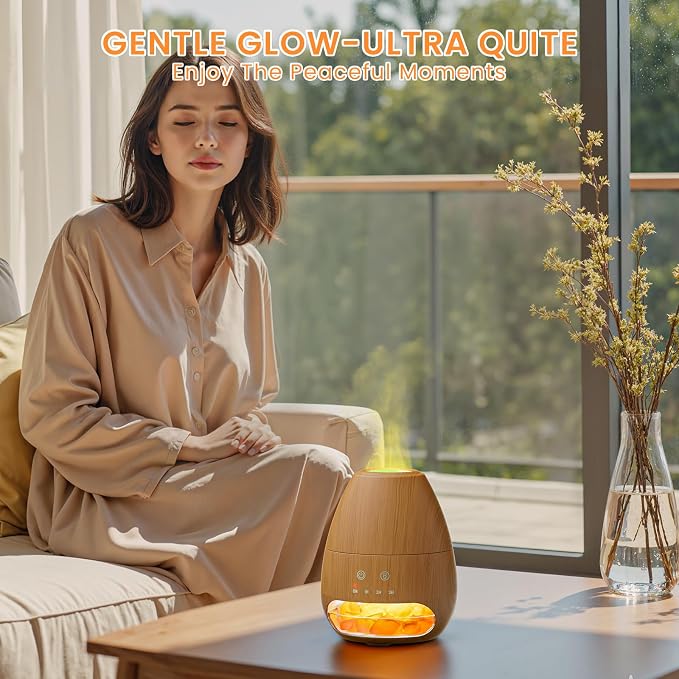 Ultrasonic Essential Oil Diffuser with Himalayan Salt Rock,Flame Diffuser with 7 LED Light,100ML Small Aromatherapy Oil