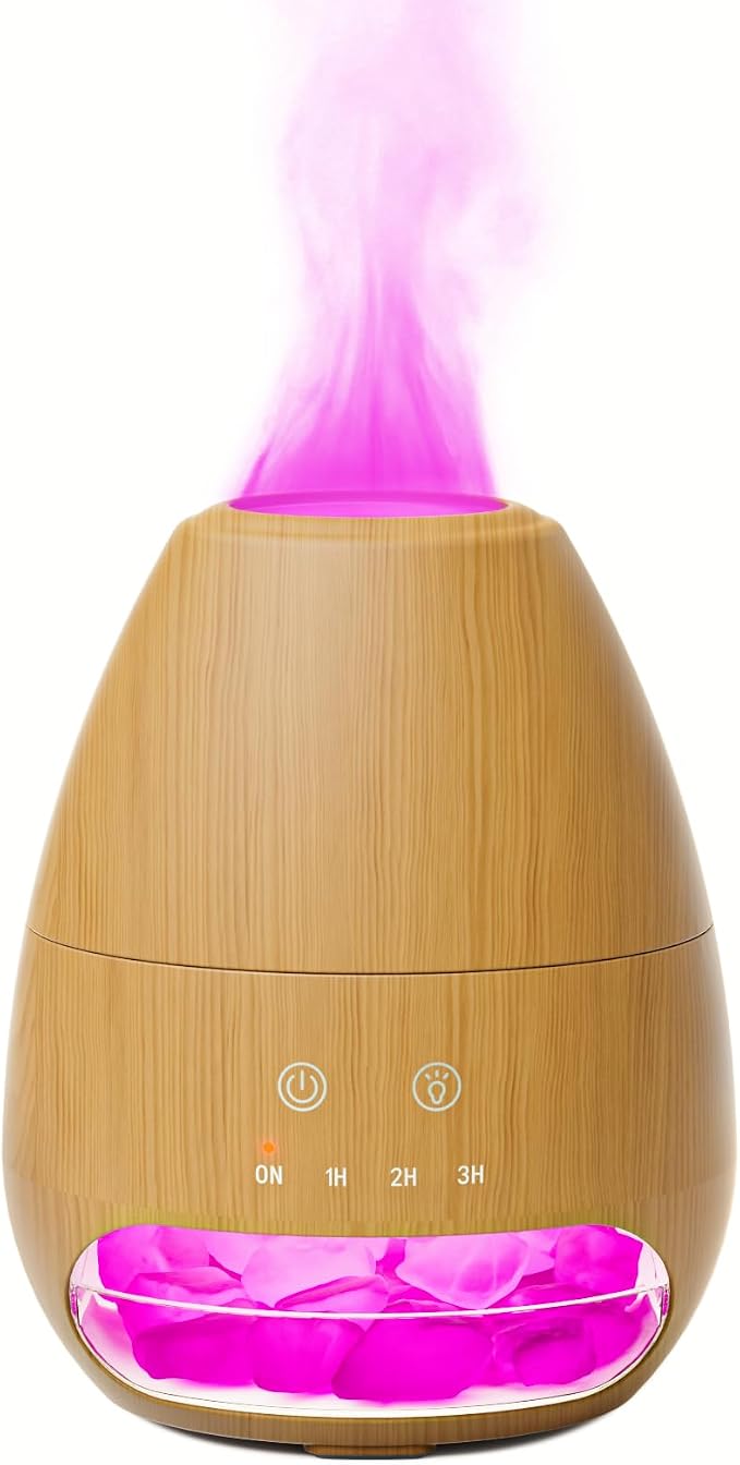 Ultrasonic Essential Oil Diffuser with Himalayan Salt Rock,Flame Diffuser with 7 LED Light,100ML Small Aromatherapy Oil