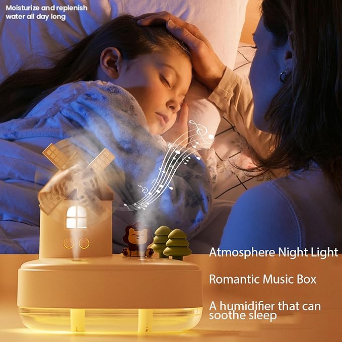 Ultrasonic Humidifiers for Bedroom and Office,Cold fog humidifier with music box, rotary windmill baby humidifier with night
