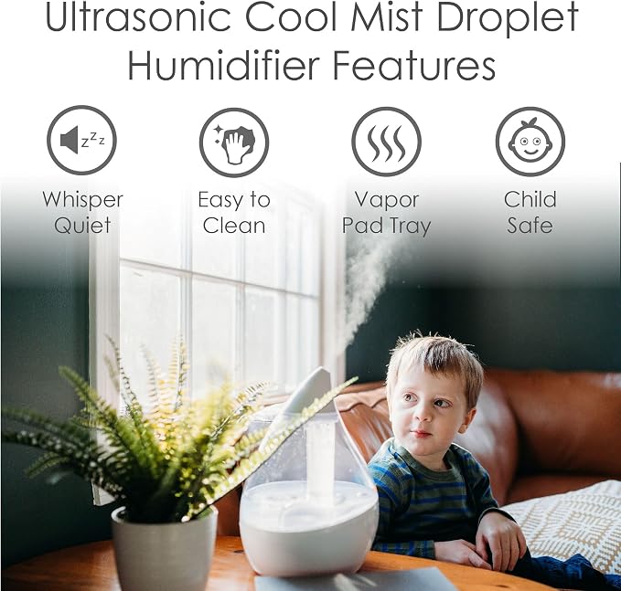 Ultrasonic Teardrop Humidifier for Baby, Cool Mist, Auto Shut off, Adjustable Humidity, for Nursery, Bedroom, Clear and