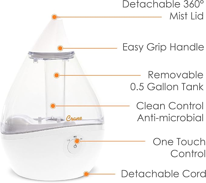 Ultrasonic Teardrop Humidifier for Baby, Cool Mist, Auto Shut off, Adjustable Humidity, for Nursery, Bedroom, Clear and