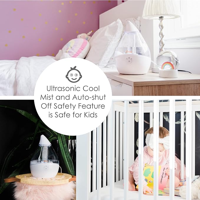 Ultrasonic Teardrop Humidifier for Baby, Cool Mist, Auto Shut off, Adjustable Humidity, for Nursery, Bedroom, Clear and
