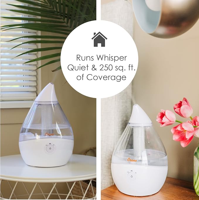 Ultrasonic Teardrop Humidifier for Baby, Cool Mist, Auto Shut off, Adjustable Humidity, for Nursery, Bedroom, Clear and