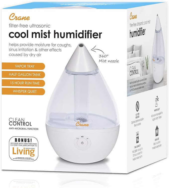 Ultrasonic Teardrop Humidifier for Baby, Cool Mist, Auto Shut off, Adjustable Humidity, for Nursery, Bedroom, Clear and