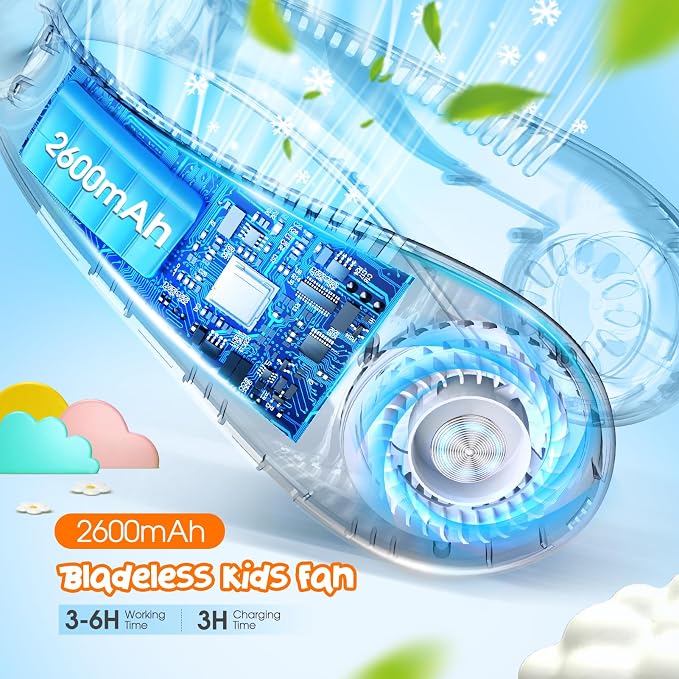Unicorn Kids Neck Fan, Safe Bladeless Fan with Unicorn Sticker, Hands-free Portable Rechargeable Cooling Fan, 2600mAh