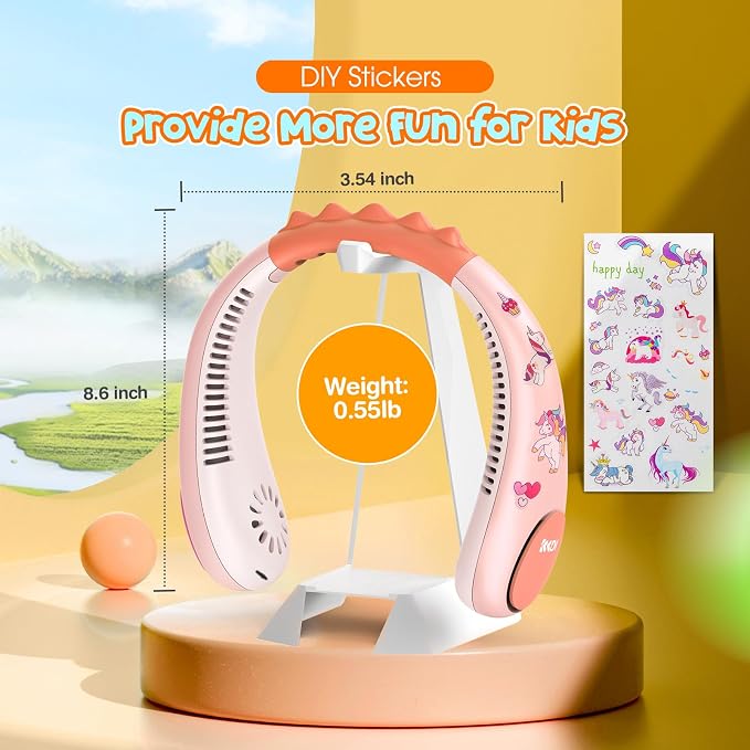 Unicorn Kids Neck Fan, Safe Bladeless Fan with Unicorn Sticker, Hands-free Portable Rechargeable Cooling Fan, 2600mAh