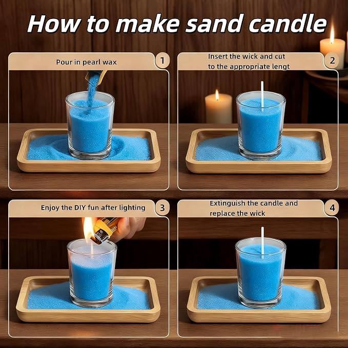 Unscented Candle Sand, 1.1LB Plant-Based Pearled Candles and 50pcs Wicks, Refillable Sand Candles with Wicks Kit for DIY