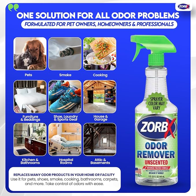 Unscented Odor Remover Spray 32 oz - Perfect Solution for Strong Odor - Advanced Trusted Formula & Fast-Acting Odor