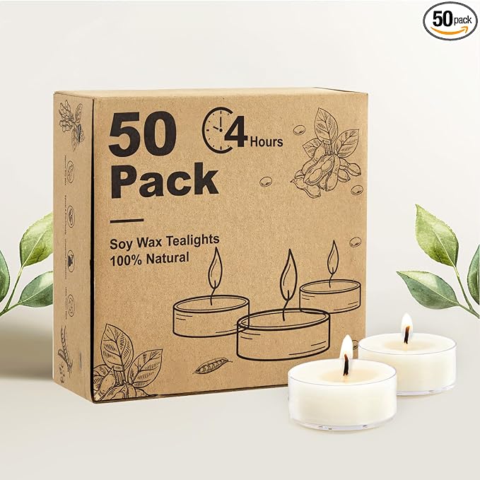 Unscented Soy Tea Lights Candles 50 Pack Bulk, 4 Hours Long Burning White Tea Lights,Non-Paraffin, Smokeless, Mini Tealight