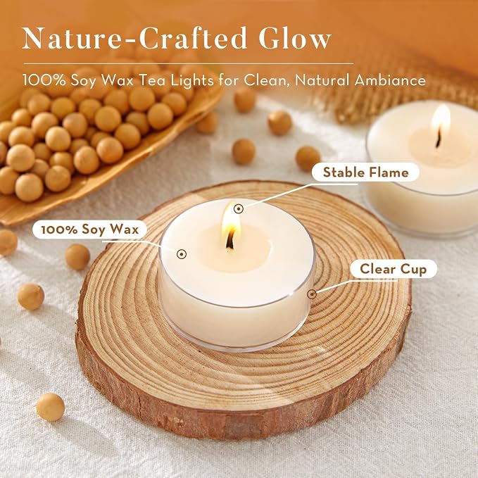 Unscented Soy Tea Lights Candles 50 Pack Bulk, 4 Hours Long Burning White Tea Lights,Non-Paraffin, Smokeless, Mini Tealight