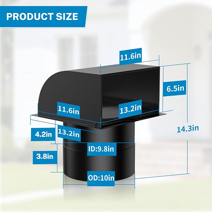 Upgraded] 10 Inch Hooded Wall Vent with Removable Mesh and Cover, Arc-Shaped 10'' Exhaust Vent Cover Cap for Kitchen Range