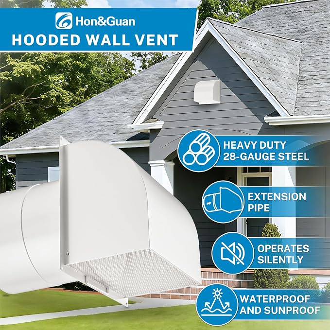 Upgraded] 6 Inch Hooded Wall Vent with Removable Mesh and Cover, Arc-Shaped 6'' Exhaust Vent Cover Cap for Kitchen Range