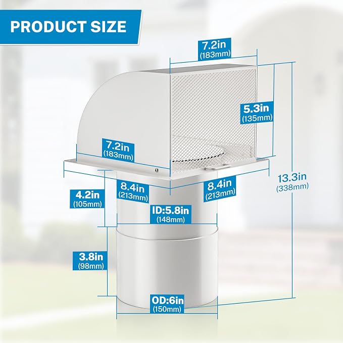 Upgraded] 6 Inch Hooded Wall Vent with Removable Mesh and Cover, Arc-Shaped 6'' Exhaust Vent Cover Cap for Kitchen Range