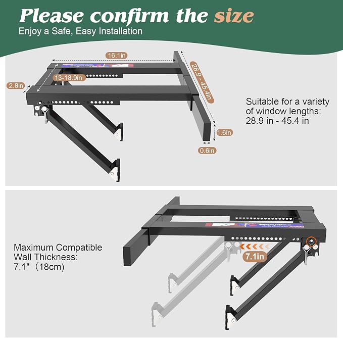 Upgraded No-Drill Window AC Bracket, Adjustable Window Air Conditioner Support for Single/Double Hung Windows, Heavy-Duty