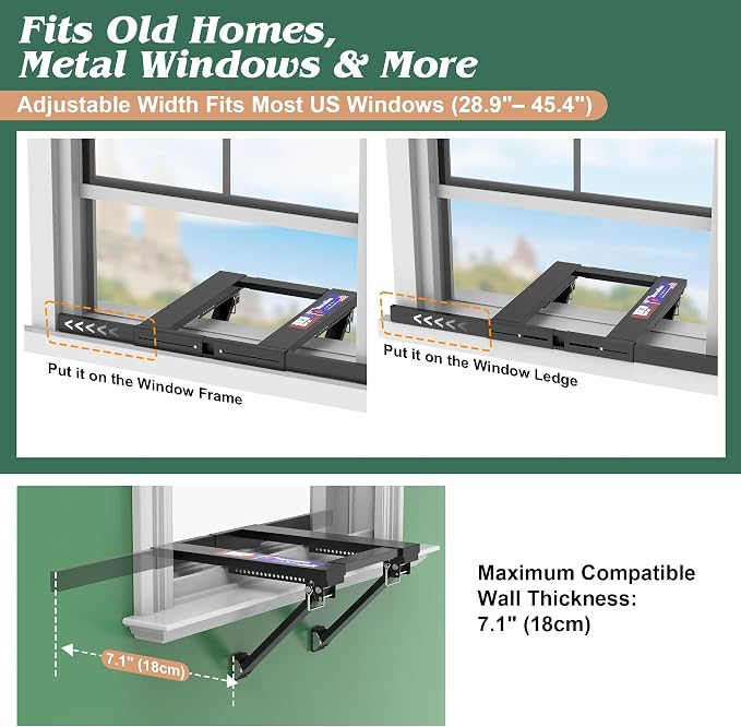 Upgraded No-Drill Window AC Bracket, Adjustable Window Air Conditioner Support for Single/Double Hung Windows, Heavy-Duty