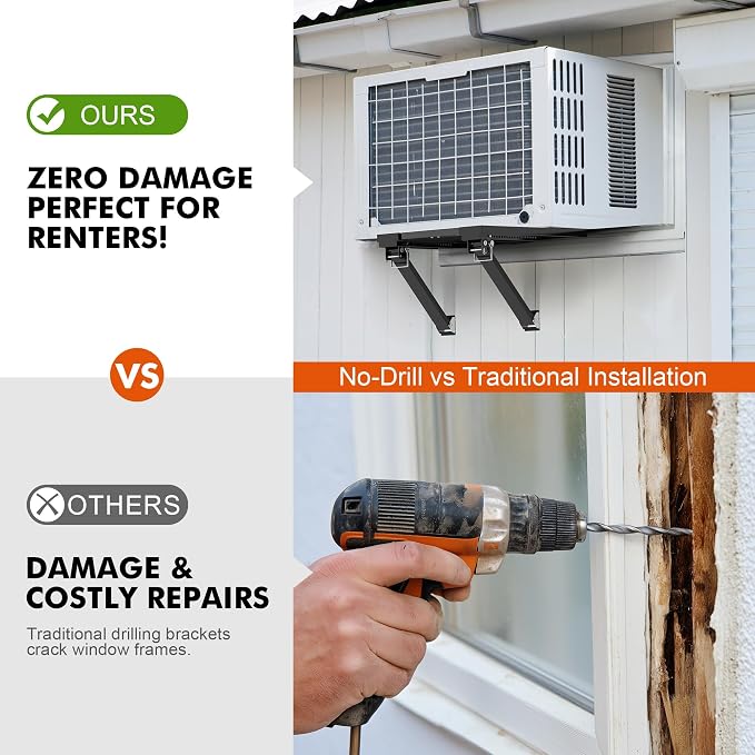 Upgraded No-Drill Window AC Bracket, Adjustable Window Air Conditioner Support for Single/Double Hung Windows, Heavy-Duty