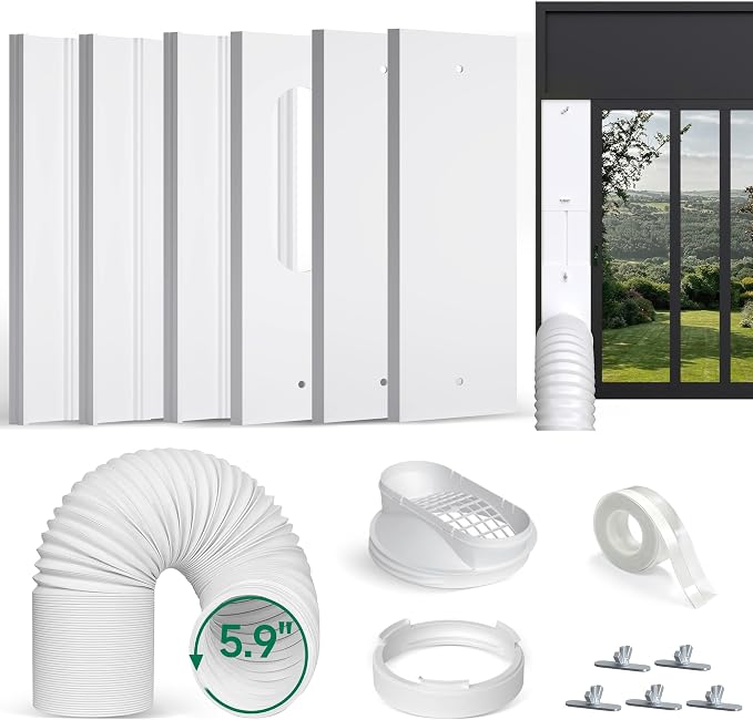 Upgraded Portable Air Conditioner Window Vent Kit, With 5.9 Exhaust Hose, 6 Slide Seal Plates, Universal Coupler, Adjustable
