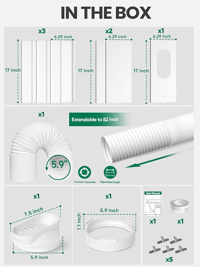 Upgraded Portable Air Conditioner Window Vent Kit, With 5.9 Exhaust Hose, 6 Slide Seal Plates, Universal Coupler, Adjustable