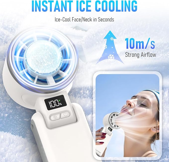 Upgraded Portable Handheld Fan with 60°F Ice Cooling, Up tp 12Hrs Personal Fans Portable Rechargeable, 5 Speed 25550RPM