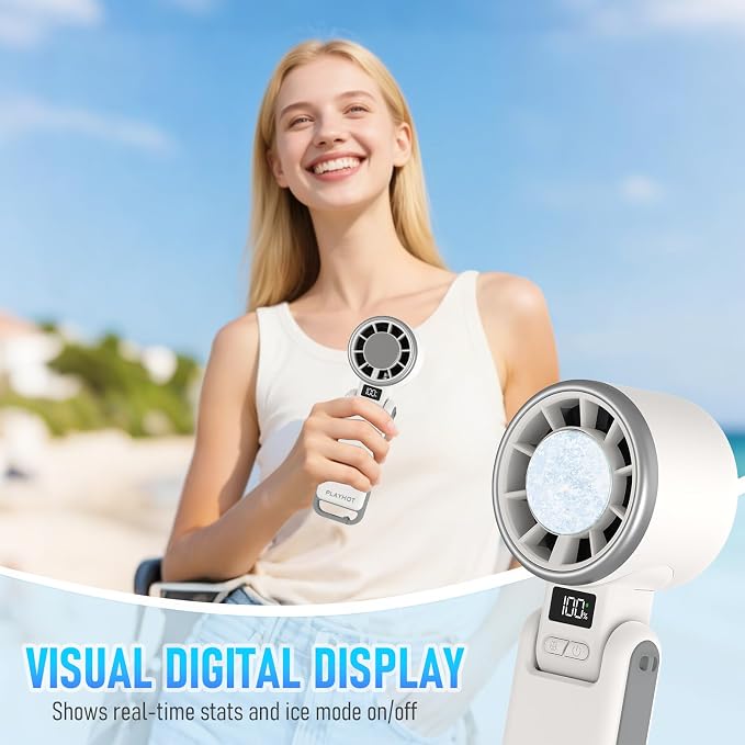 Upgraded Portable Handheld Fan with 60°F Ice Cooling, Up tp 12Hrs Personal Fans Portable Rechargeable, 5 Speed 25550RPM