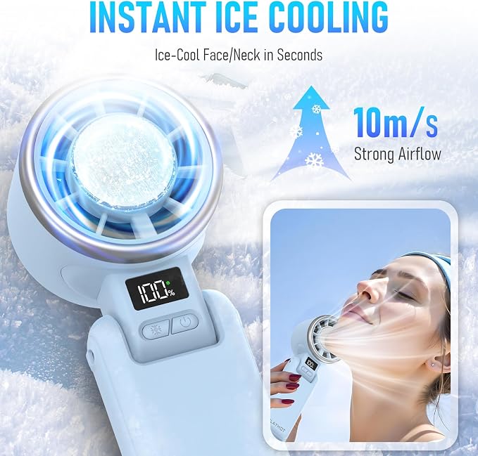 Upgraded Portable Handheld Fan with 60°F Ice Cooling, Up tp 12Hrs Personal Fans Portable Rechargeable, 5 Speed 25550RPM