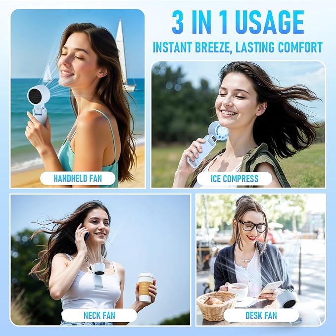 Upgraded Portable Handheld Fan with 60°F Ice Cooling, Up tp 12Hrs Personal Fans Portable Rechargeable, 5 Speed 25550RPM