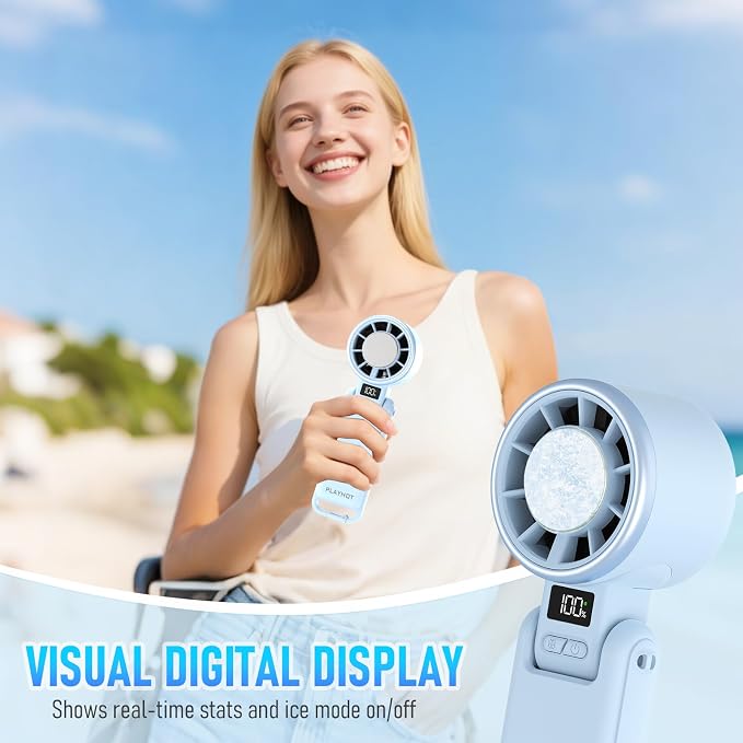 Upgraded Portable Handheld Fan with 60°F Ice Cooling, Up tp 12Hrs Personal Fans Portable Rechargeable, 5 Speed 25550RPM