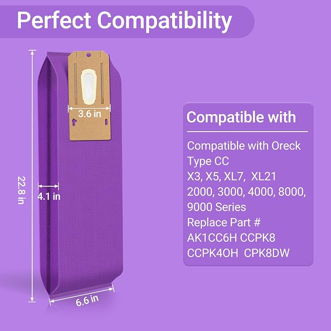 Upgraded Type CC HEPA Upright Vacuum Cleaner Bags Compatible with Oreck Elevate Vacuum Models X3, X5, XL7, XL21, 2000, 3000