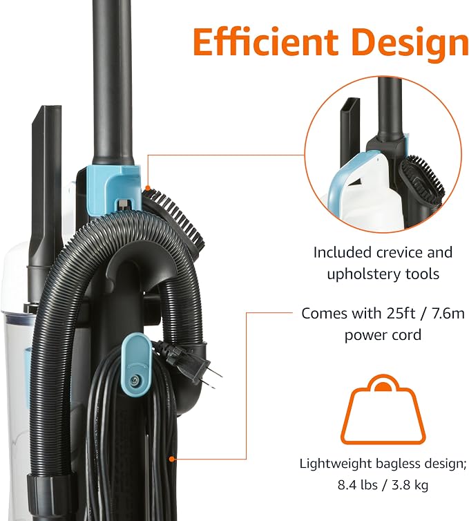Upright Bagless Vacuum Cleaner for Carpet and Hard Floors, Washable Filter, Crevice and Upholstery Tools, Detachable Handle
