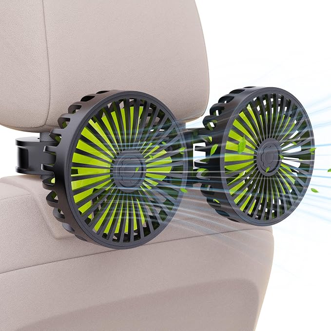 USB Car Cooling Fans for Backseat: Dual Head Car Fan for Kids 3 Speeds 360° Rotatable Vehicle Rear Headrest Fans 5V/2A