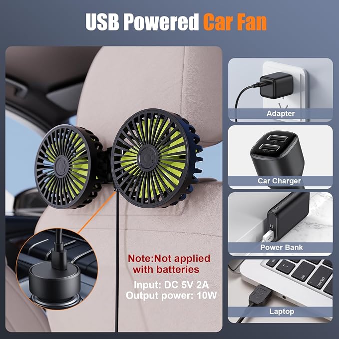 USB Car Cooling Fans for Backseat: Dual Head Car Fan for Kids 3 Speeds 360° Rotatable Vehicle Rear Headrest Fans 5V/2A
