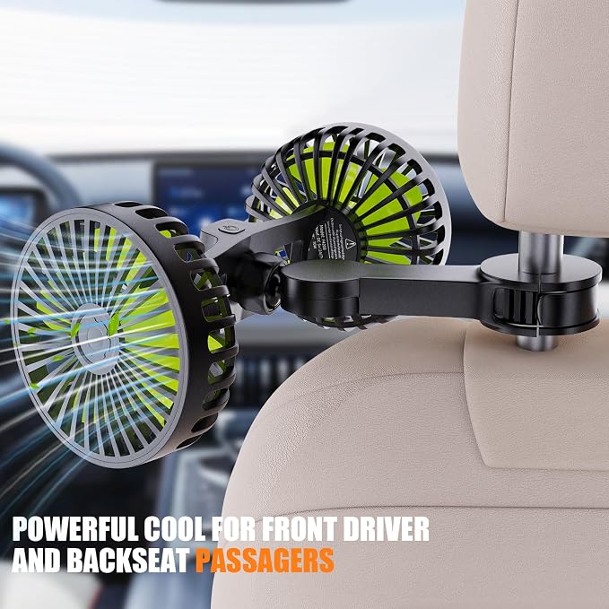 USB Car Cooling Fans for Backseat: Dual Head Car Fan for Kids 3 Speeds 360° Rotatable Vehicle Rear Headrest Fans 5V/2A