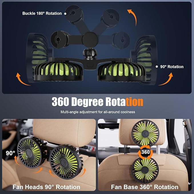USB Car Cooling Fans for Backseat: Dual Head Car Fan for Kids 3 Speeds 360° Rotatable Vehicle Rear Headrest Fans 5V/2A