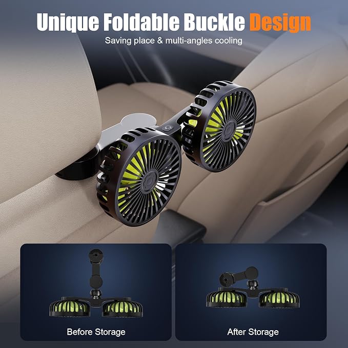 USB Car Cooling Fans for Backseat: Dual Head Car Fan for Kids 3 Speeds 360° Rotatable Vehicle Rear Headrest Fans 5V/2A