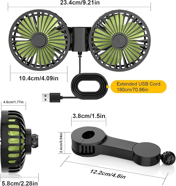 USB Car Cooling Fans for Backseat: Dual Head Car Fan for Kids 3 Speeds 360° Rotatable Vehicle Rear Headrest Fans 5V/2A