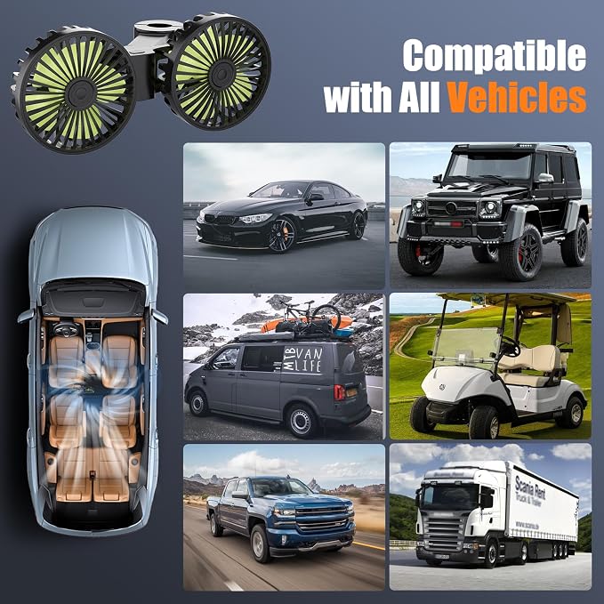 USB Car Cooling Fans for Backseat: Dual Head Car Fan for Kids 3 Speeds 360° Rotatable Vehicle Rear Headrest Fans 5V/2A