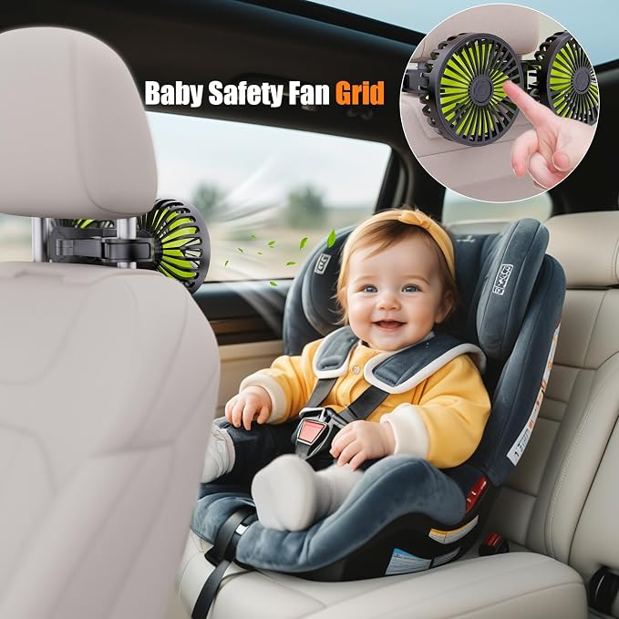 USB Car Cooling Fans for Backseat: Dual Head Car Fan for Kids 3 Speeds 360° Rotatable Vehicle Rear Headrest Fans 5V/2A