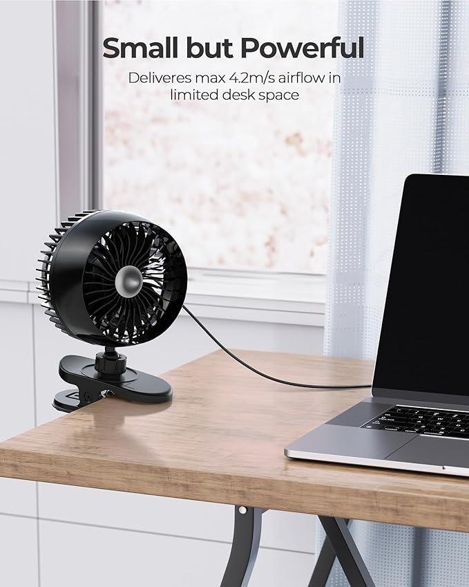 USB Clip on Fan, Strong Wind Ultra Quiet Small Desk Fan with Strong Clamp, More Than 360° Adjustable, 3 Speeds USB-C Corded