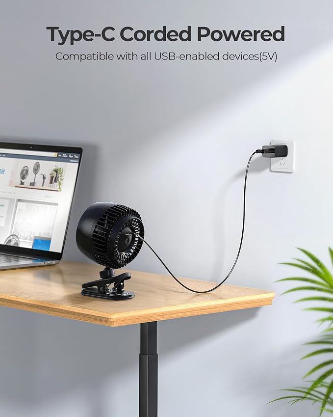 USB Clip on Fan, Strong Wind Ultra Quiet Small Desk Fan with Strong Clamp, More Than 360° Adjustable, 3 Speeds USB-C Corded