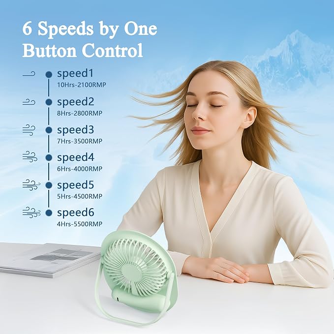 USB Desk Fan,3 IN 1 Rechargeable Portable Fan,180 Adjustable,6 Speed Strong Wind,Mini Personal Desktop Fan for