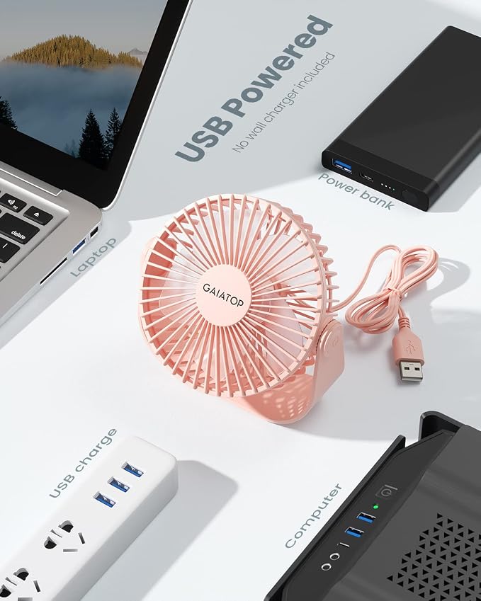 USB Desk Fan, 3 Speeds Strong Airflow, 5.5 Inch Portable 90° Rotate Quiet Cooling, Small Personal Table Fans for Bedroom Home