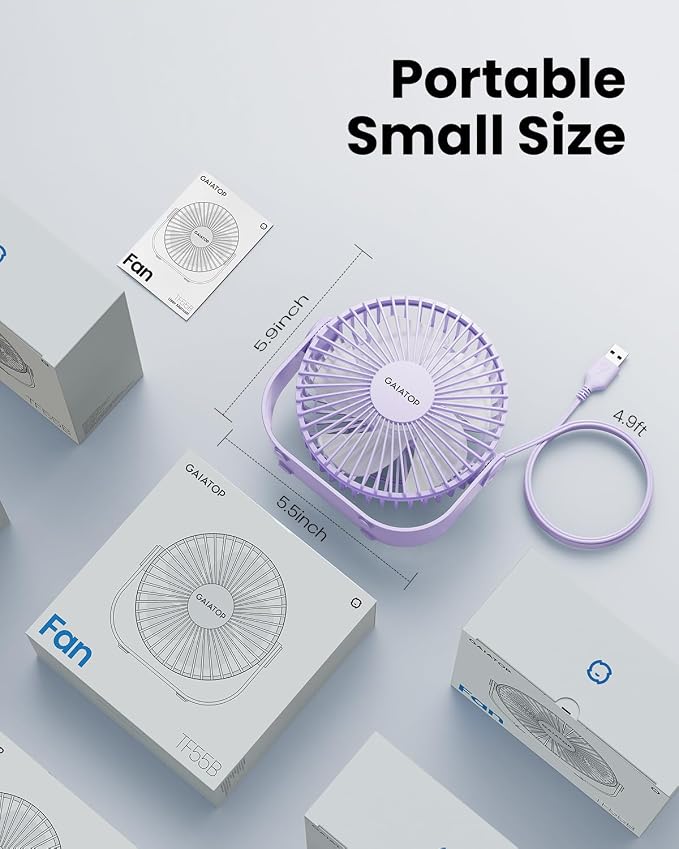 USB Desk Fan, 3 Speeds Strong Airflow, 5.5 Inch Portable 90° Rotate Quiet Cooling, Small Personal Table Fans for Bedroom Home