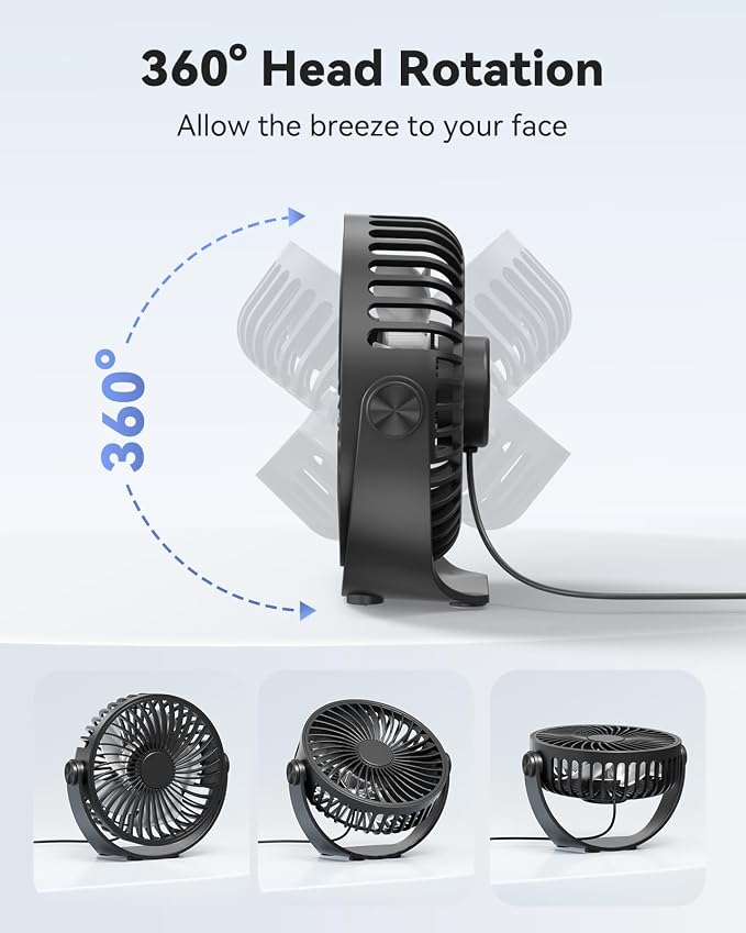 USB Desk Fan, 5 Inch Mini Portable, 3 Speeds Strong Airflow Personal Desktop, Detachable Cooling Fan 360° Rotation Quiet