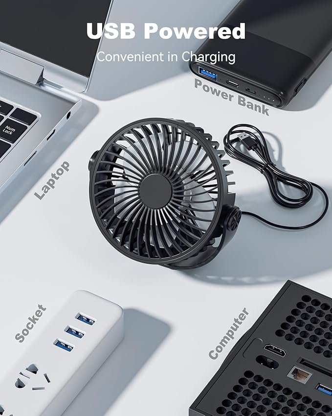USB Desk Fan, 5 Inch Mini Portable, 3 Speeds Strong Airflow Personal Desktop, Detachable Cooling Fan 360° Rotation Quiet