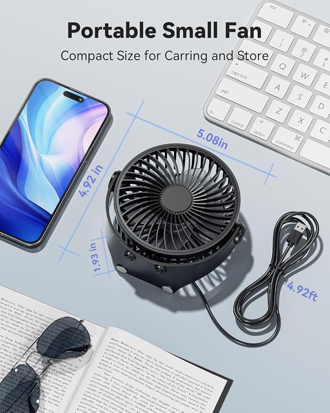 USB Desk Fan, 5 Inch Mini Portable, 3 Speeds Strong Airflow Personal Desktop, Detachable Cooling Fan 360° Rotation Quiet