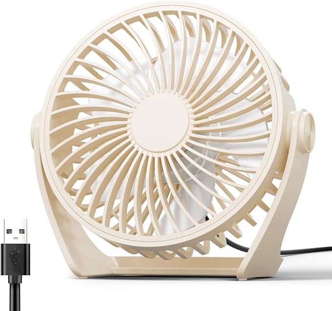 USB Desk Fan, 5 Inch Small Portable, 3 Speeds Powerful Wind Mini Personal Desktop Fan 360° Rotation Adjustable, Plug In USB