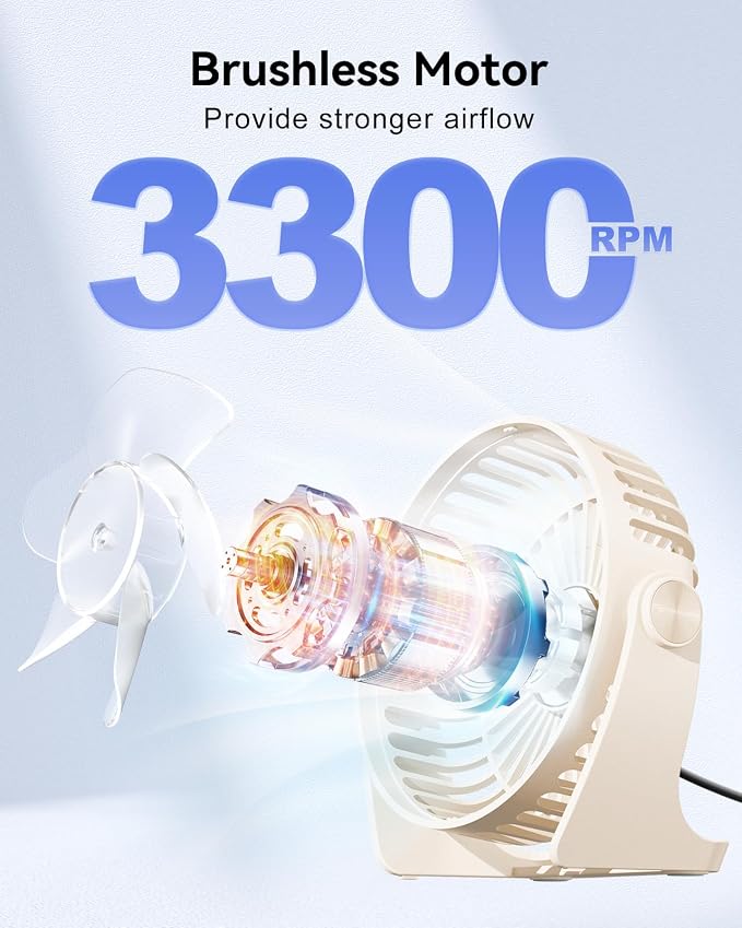 USB Desk Fan, 5 Inch Small Portable, 3 Speeds Powerful Wind Mini Personal Desktop Fan 360° Rotation Adjustable, Plug In USB